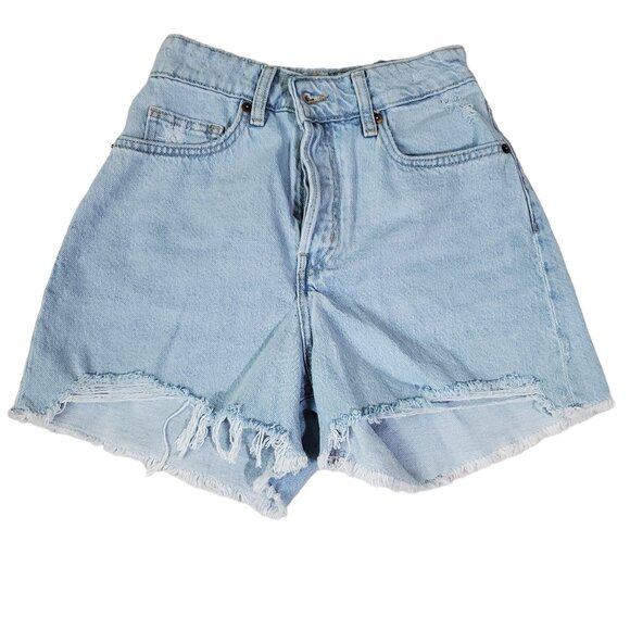 H&M Denim Shorts Size 2 Light blue rawcut hem high-waisted Distressed 5 pockets - Picture 1 of 9
